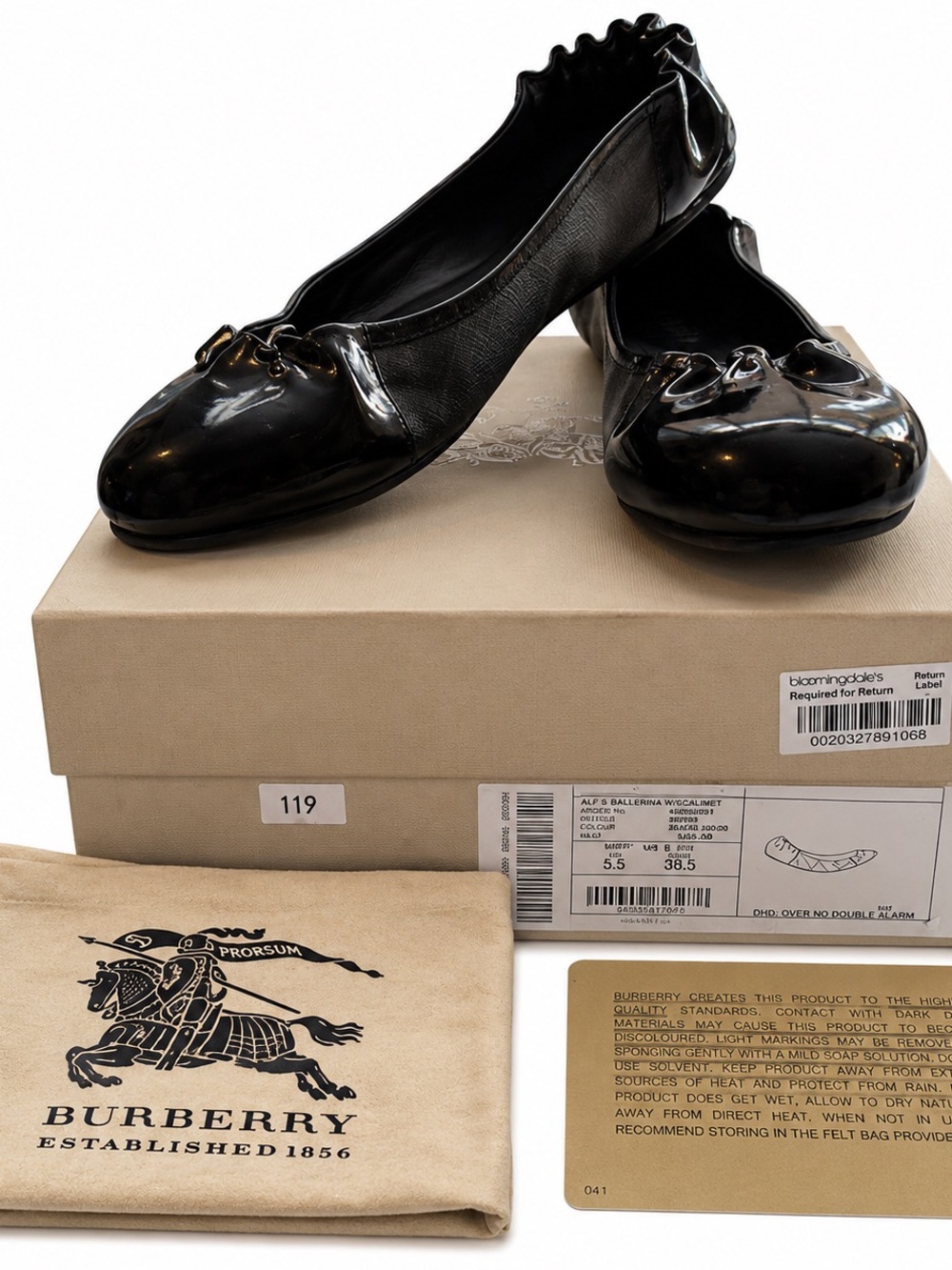 Burberry Black Patent Leather & Brown Check Ballerina/Ballet Flats Size 8.5